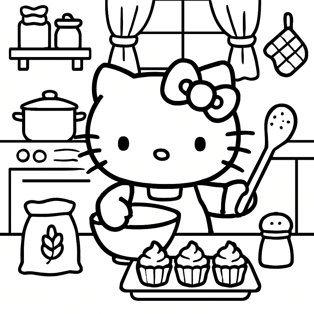 Hello Kitty baking cupcakes in a cozy kitchen